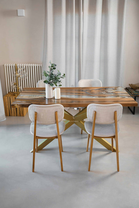 Clear and gold epoxy dining table in walnut wood, custom size Alma