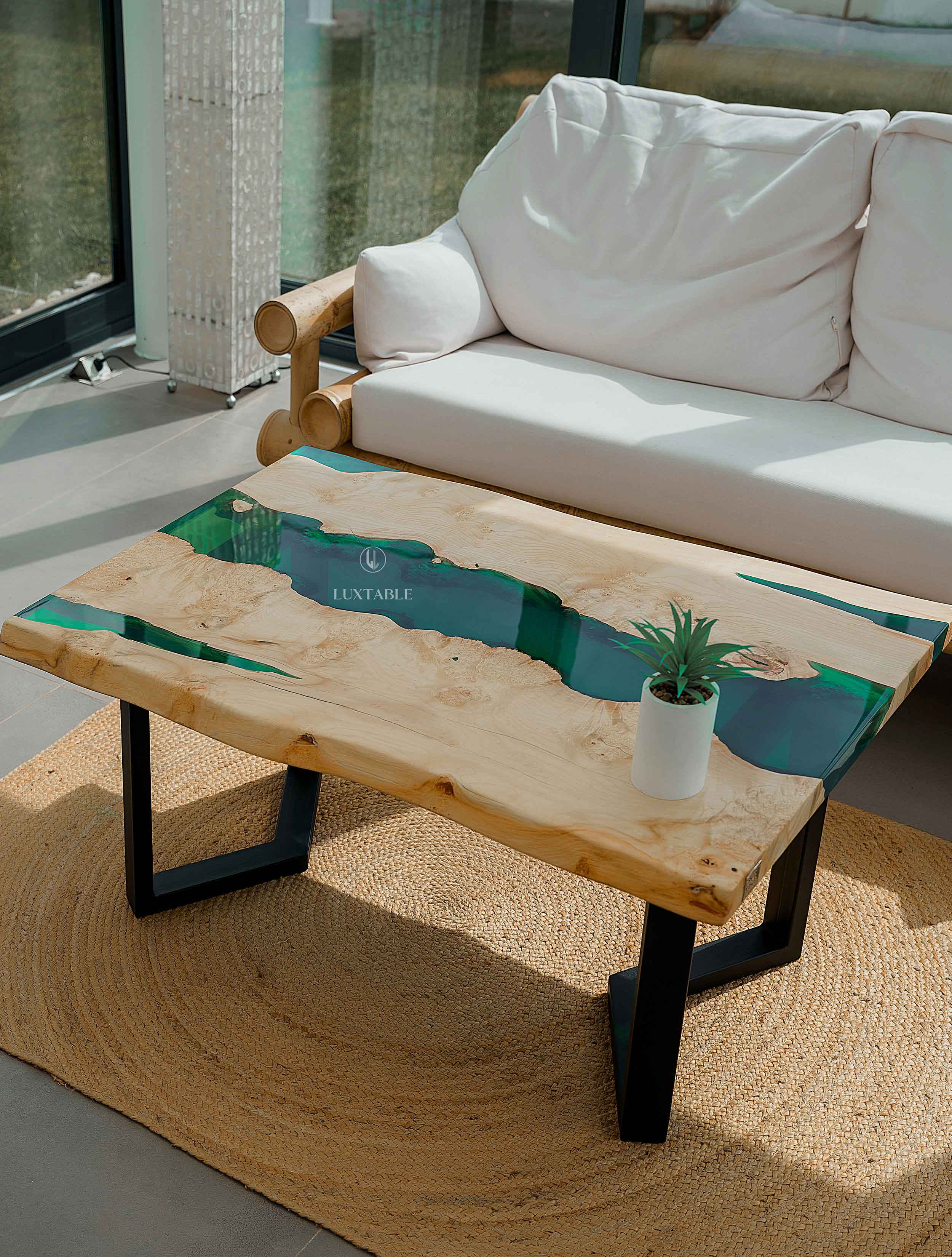 Ash wood coffee table with green epoxy resin, custom size Oasi – LUXTABLE