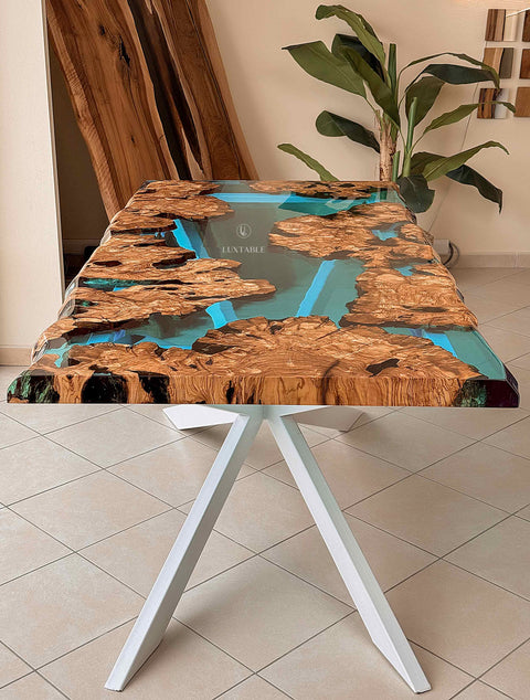 Light blue epoxy resin table in olive root, custom size Dream