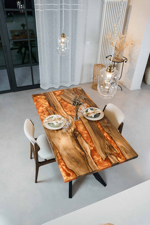 Solid walnut resin table with orange epoxy, custom size Celine