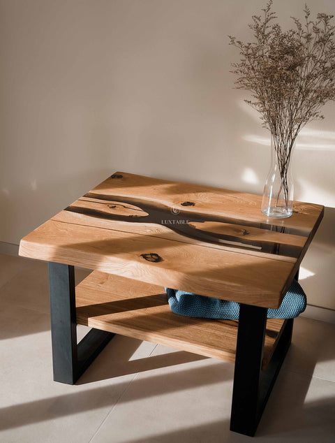 Smoke gray epoxy coffee table in solid oak 85x70cm Senna