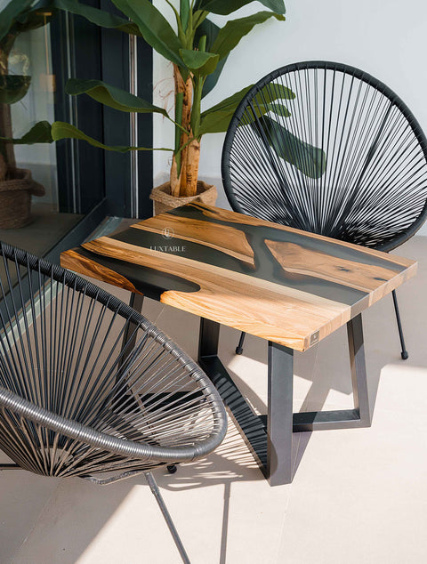 Custom walnut wood and smoke gray resin coffee table, various sizes Monet