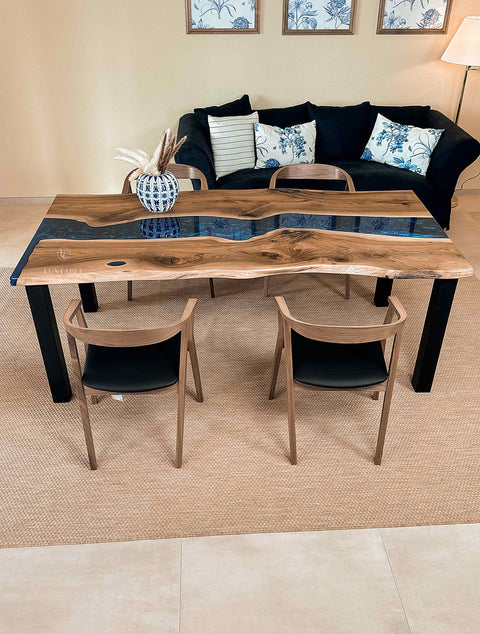 Blue resin dining table in walnut wood, custom size Pacific