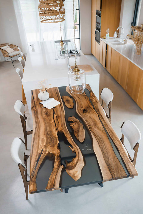 Handmade resin table in walnut wood and smoke gray epoxy, custom size Aria