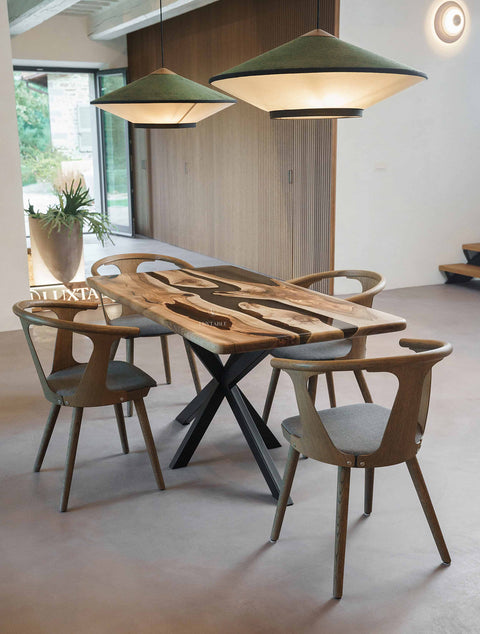 Solid walnut wood table with smoke gray epoxy resin, custom size Fiorella