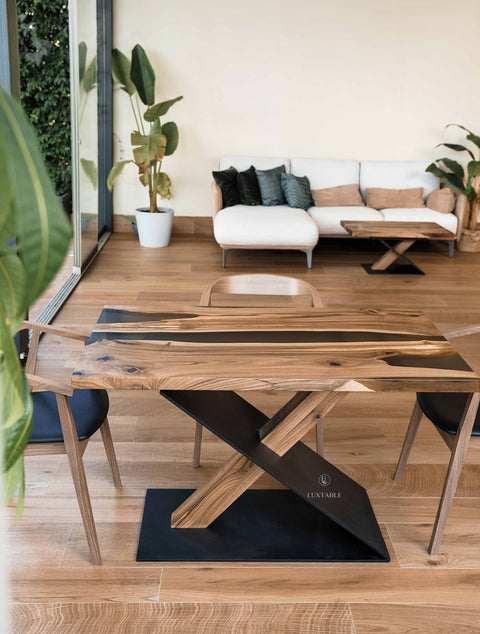 Smoke gray epoxy resin dining table in walnut wood 130x80 cm Mirage