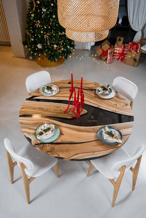 Round epoxy resin table in European walnut custom size Majesty