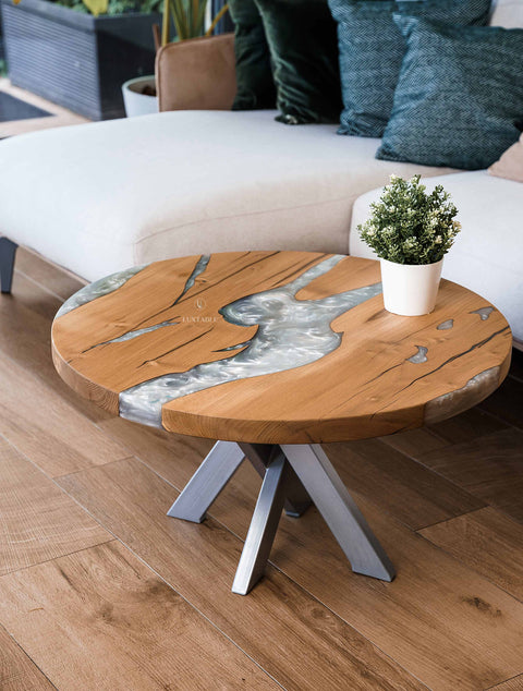 Acacia epoxy coffee table with silver resin, custom size Moon