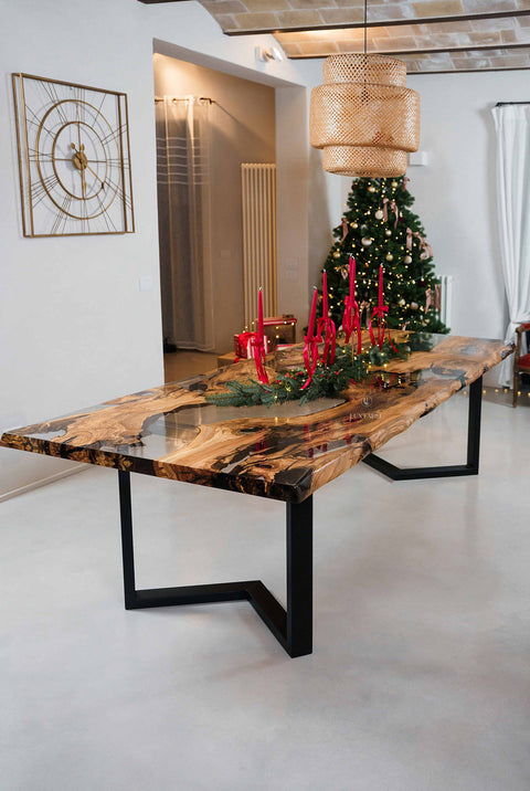 Clear epoxy resin table in olive wood, custom size Amarante