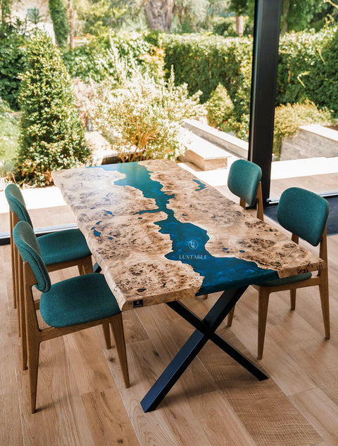 Poplar wood epoxy dining table turquoise resin, custom size Ticino