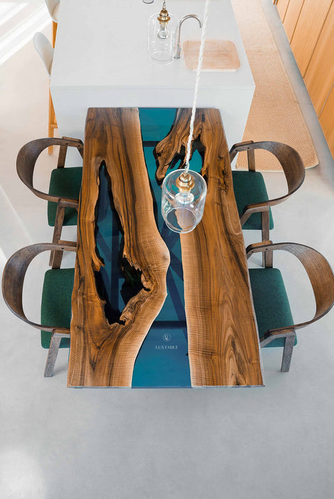 Blue-green epoxy river table in walnut wood, custom size Oceana