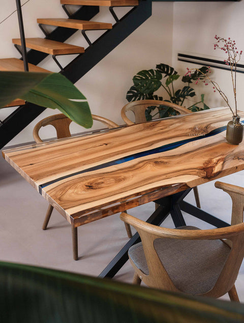 Blue and clear epoxy table in European walnut, custom size Stream