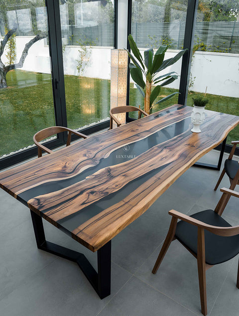 Epoxy river table in walnut and smoke gray resin, custom size Eterea