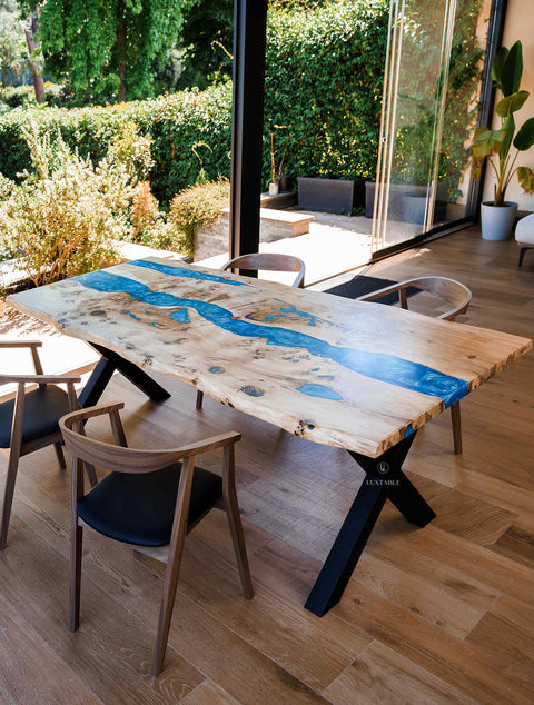 Poplar wood with blue epoxy resin table, custom size Costa Azzurra