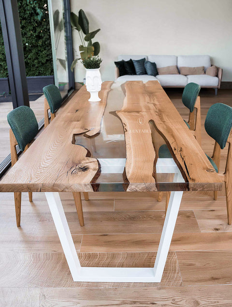 Solid oak resin table with clear epoxy, custom size Marbella
