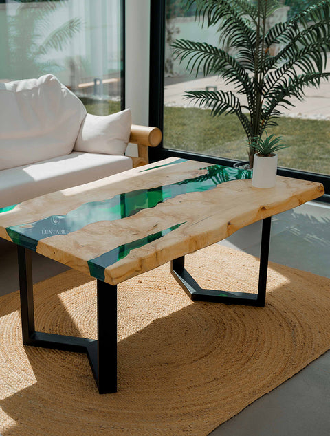 Solid ash wood coffee table with green epoxy, custom size Oasi