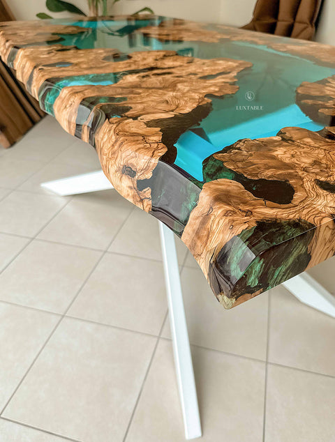 Light blue epoxy resin table in olive root, custom size Dream