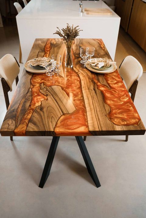 Solid walnut resin table with orange epoxy, custom size Celine