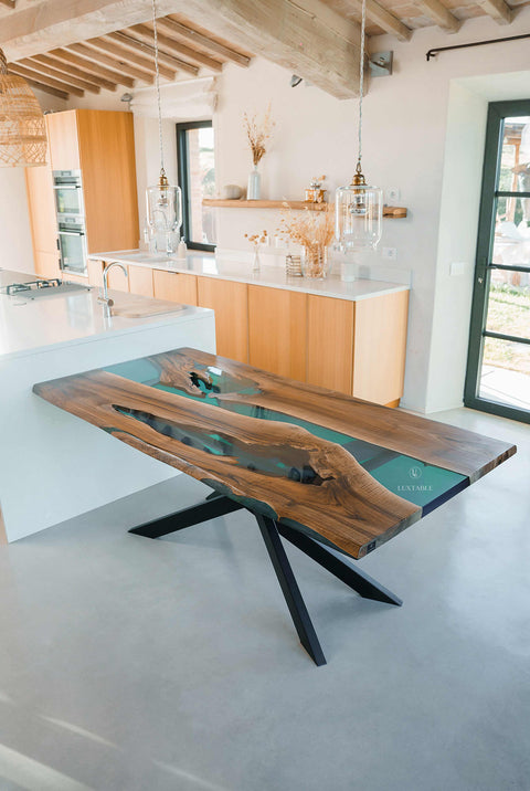 Blue-green epoxy river table in walnut wood, custom size Oceana
