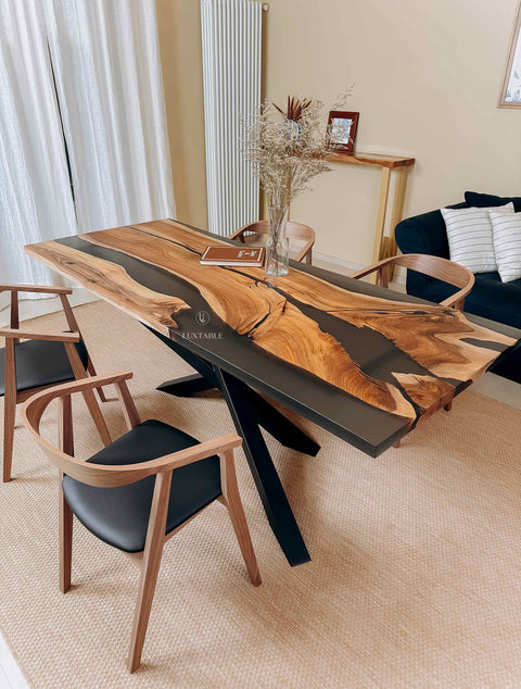 Walnut wood table with smoke gray epoxy, various sizes La Stella Vespertina
