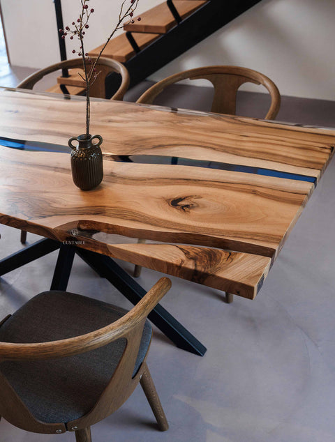 Blue and clear epoxy table in European walnut, custom size Stream