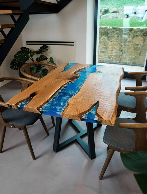 Oak resin table with blue-white epoxy, custom size Gemma