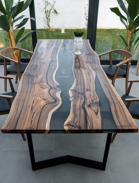 Epoxy river table in walnut and smoke gray resin, custom size Eterea
