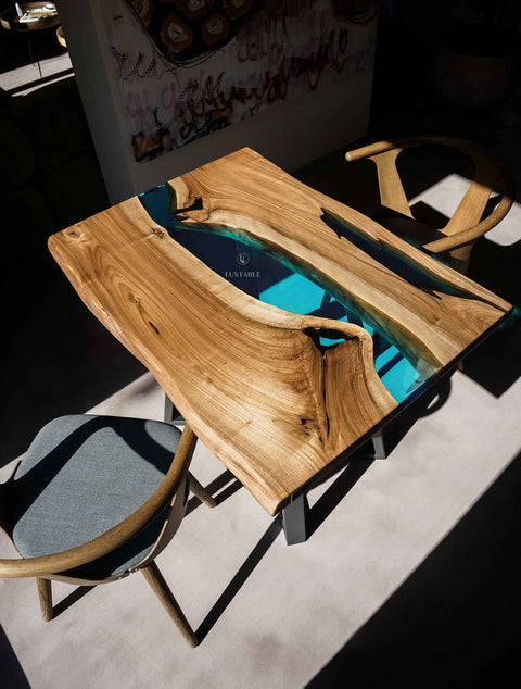 Walnut wood table with glossy blue epoxy resin, custom size Bleur