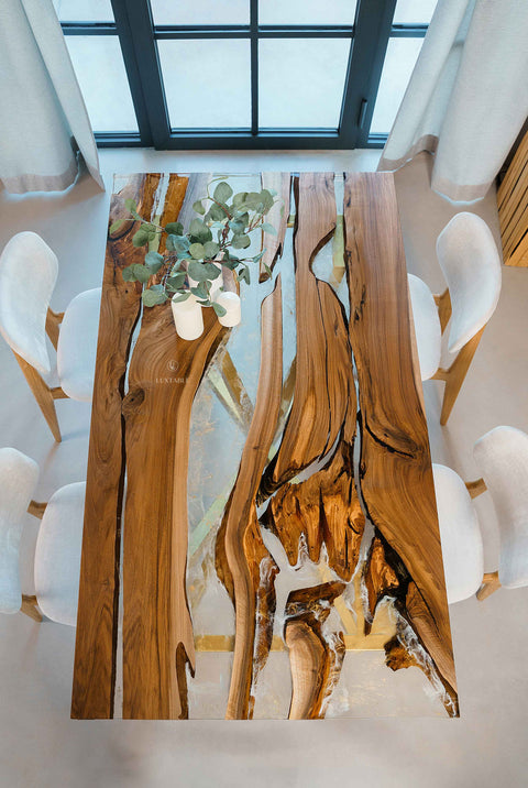 Clear and gold epoxy dining table in walnut wood, custom size Alma