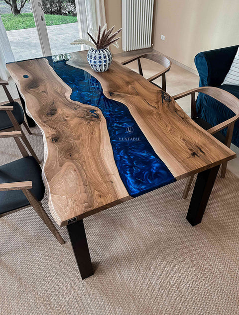 Blue resin dining table in walnut wood, custom size Pacific
