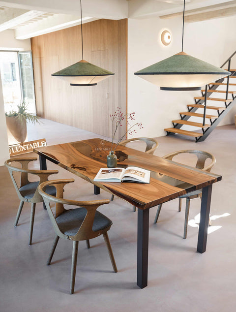 Epoxy dining table in walnut and smoke gray resin, custom size Wild Red
