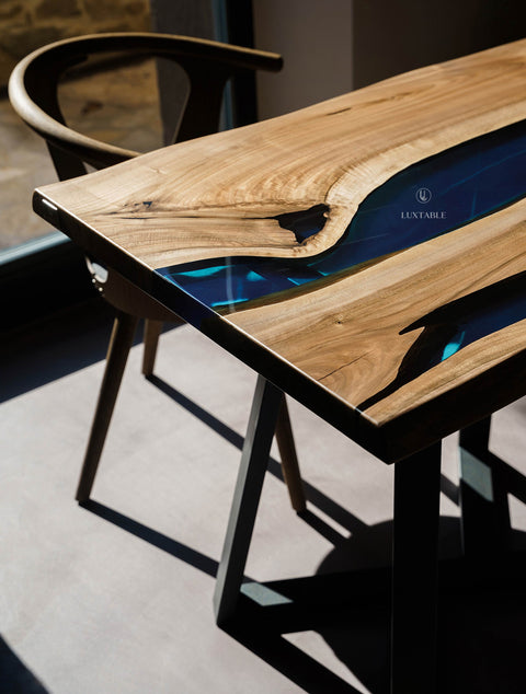 Walnut wood table with glossy blue epoxy resin, custom size Bleur