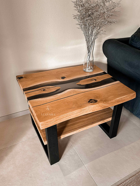 Smoke gray epoxy coffee table in solid oak 85x70cm Senna