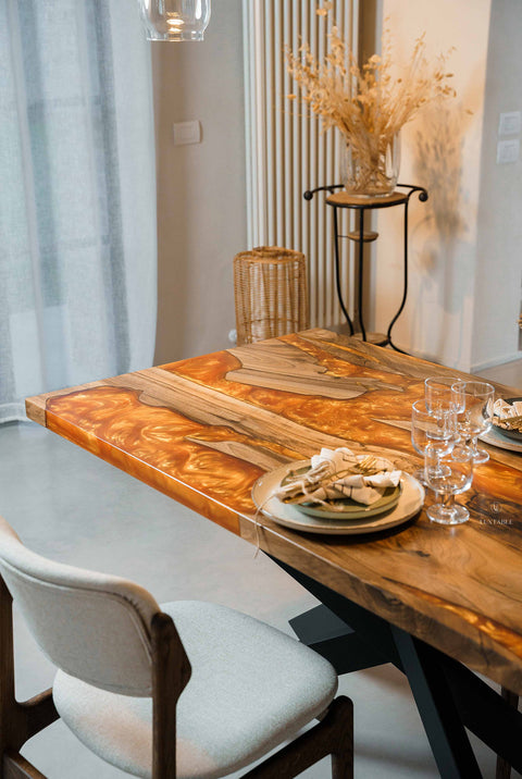 Solid walnut resin table with orange epoxy, custom size Celine