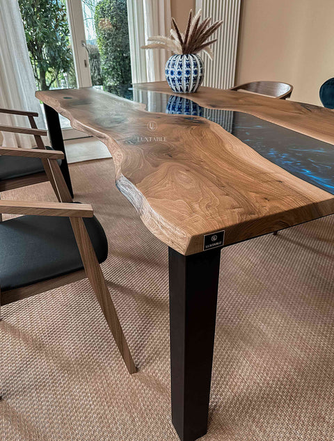 Blue resin dining table in walnut wood, custom size Pacific