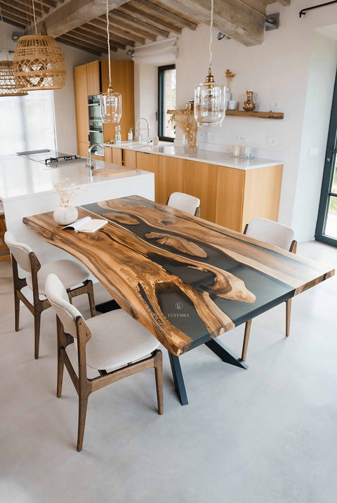 Handmade resin table in walnut wood and smoke gray epoxy, custom size Aria