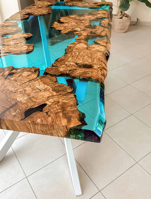 Light blue epoxy resin table in olive root, custom size Dream