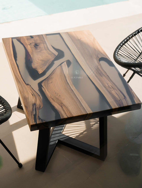Custom walnut wood and smoke gray resin coffee table, various sizes Monet