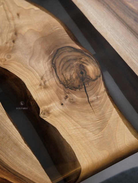 Solid walnut wood table with smoke gray epoxy resin, custom size Fiorella