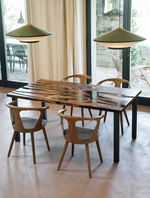 Epoxy table in walnut wood and smoke gray resin, cusom size Eclipse