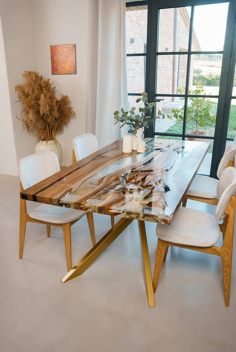 Clear and gold epoxy dining table in walnut wood, custom size Alma
