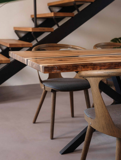 Blue and clear epoxy table in European walnut, custom size Stream