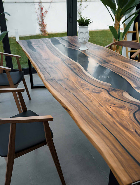 Epoxy river table in walnut and smoke gray resin, custom size Eterea
