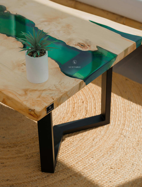 Solid ash wood coffee table with green epoxy, custom size Oasi