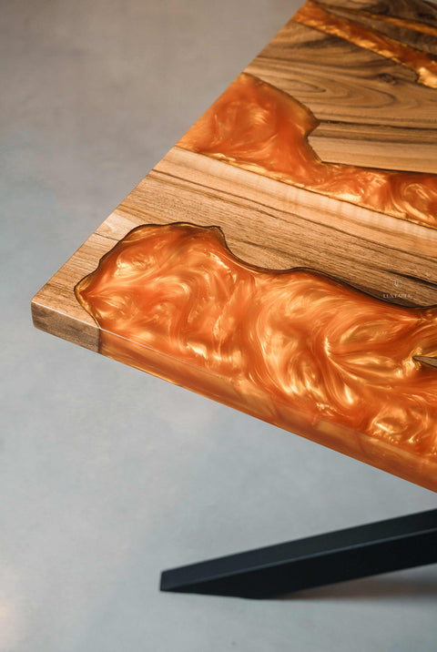 Solid walnut resin table with orange epoxy, custom size Celine