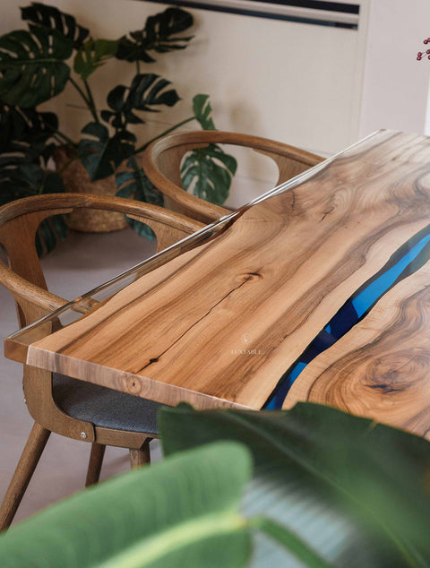 Blue and clear epoxy table in European walnut, custom size Stream