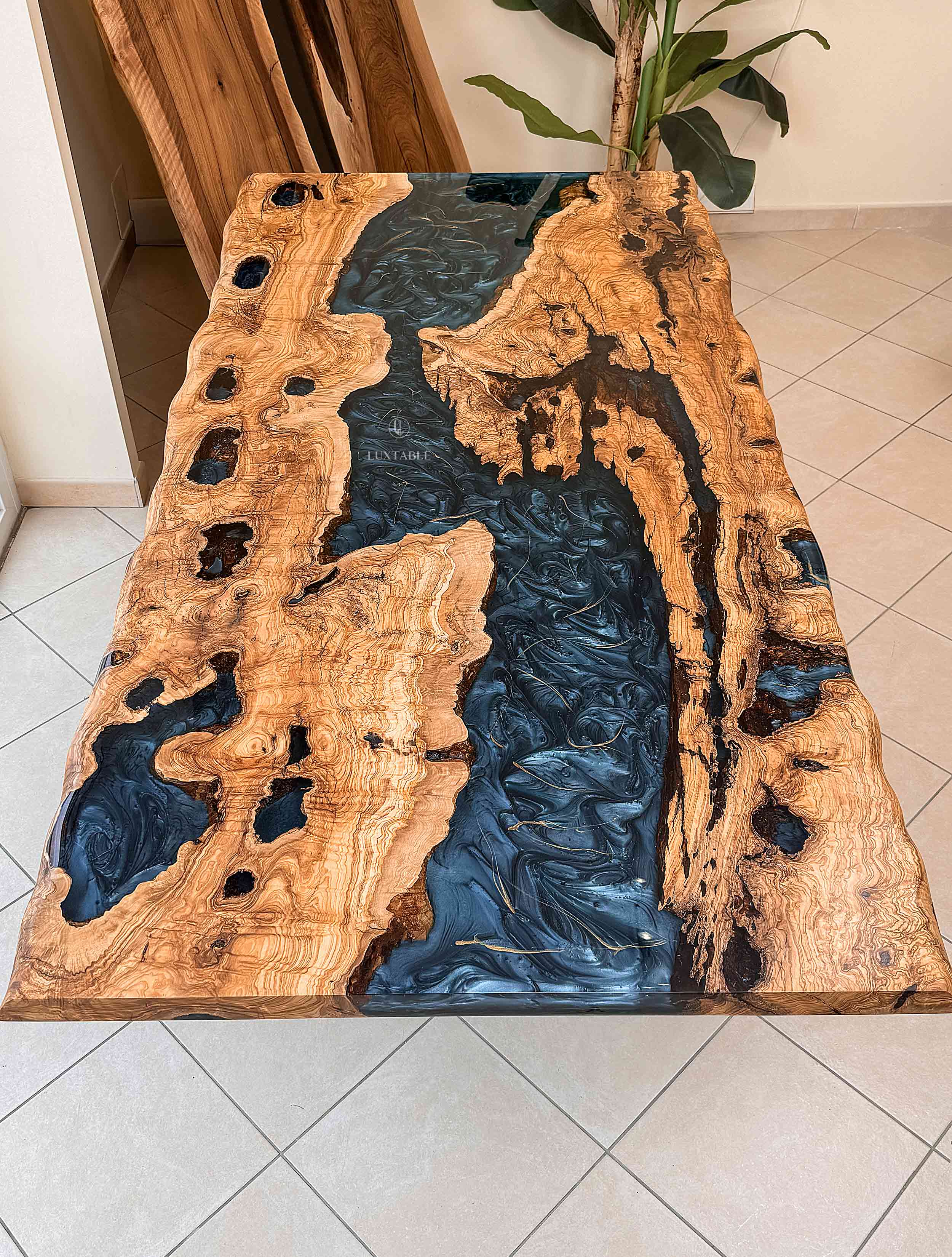 Epoxy river table olive wood with gray-gold resin, various sizes
