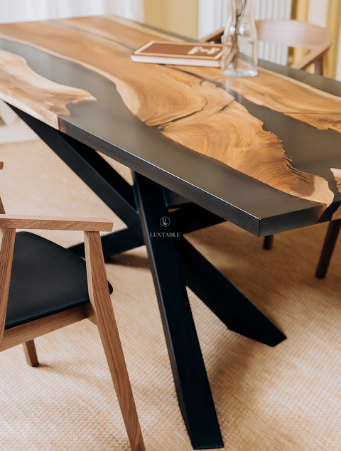 Walnut wood table with smoke gray epoxy, various sizes La Stella Vespertina