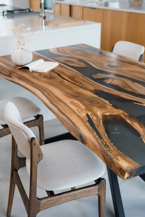 Handmade resin table in walnut wood and smoke gray epoxy, custom size Aria