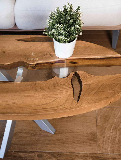 Custom acacia wood and clear resin coffee table, custom size Incanto